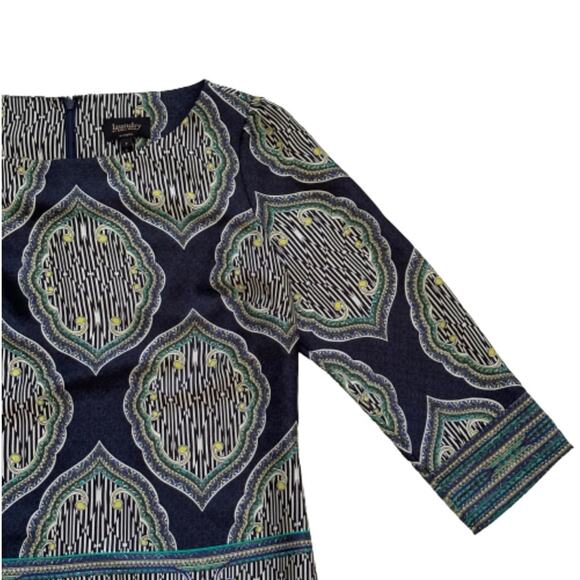 Laundry Shelli Segal Dress Blue Teal White Retro Print 3/4 Sleeve Shift Size 2 - Picture 9 of 12